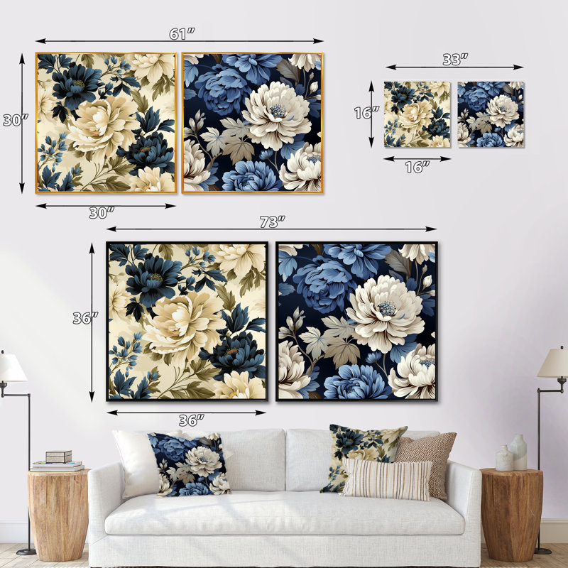 Osterman - Ensemble de 2 collages floraux carrés, Cadre flottant blanc, H 30 po x l 61 po