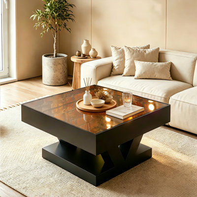 Table basse moderne à effet miroir infini DEL, carrée, 83 cm, plateau miroir réfléchissant, piètement géométrique, noire
