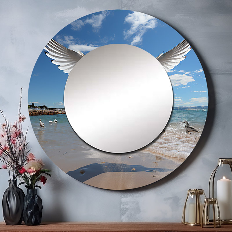 Mouettes bleues Sarvesh en vol à la plage - miroir mouette, miroir mural décoratif rond moderne, impression d'art en métal