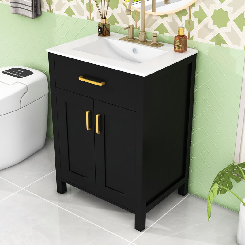 Ensemble de meuble-lavabo 24 po avec lavabo en céramique, tiroir et portes à fermeture douce, Noir