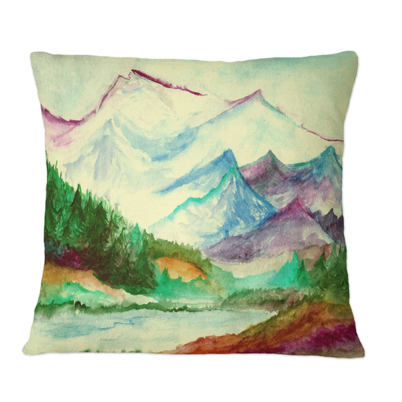 Coussin décoratif paysage avec montagnes à l'aquarelle, 16 po x 16 po