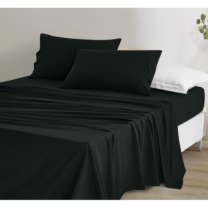 Washed Microfiber Bedding Microfiber Sheet Set, Queen Sheet Set + Fitted Sheet + 2 Pillowcases, Black