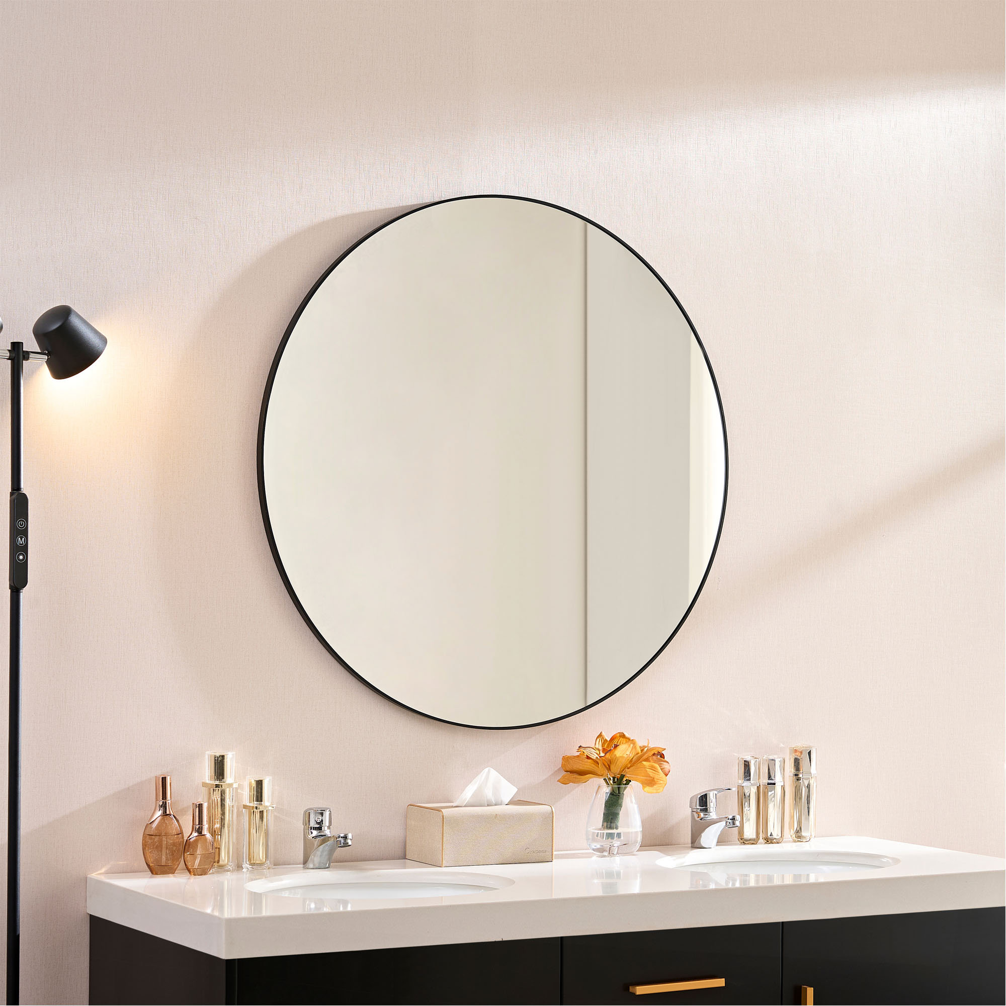 Latitude Run Wall Mirror 36 Inch Black Circular Mirror Metal Framed 