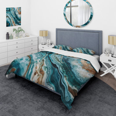 Blue Gold Half Circle Marble Abstract IV - Abstract Marble Duvet Cover Set - Microfiber Polyester