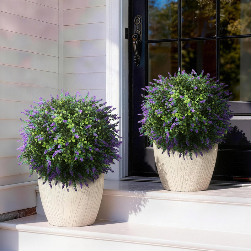 Artificial Lavender Flower Outdoor, 2 Pack Artificial Boxwood Topiary Ball, Fake Plants Plastic Shrubs Faux Evergreen Greenery for Front Door Garden Indoor Home Decor
