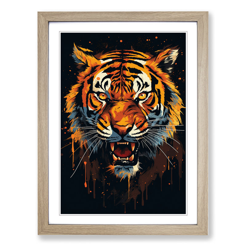 XYZ-FRM-V1223-1637 Tiger Minimalism - Single Picture Frame Print on Wood, 64cm H x 46cm W x 2cm D, Oak