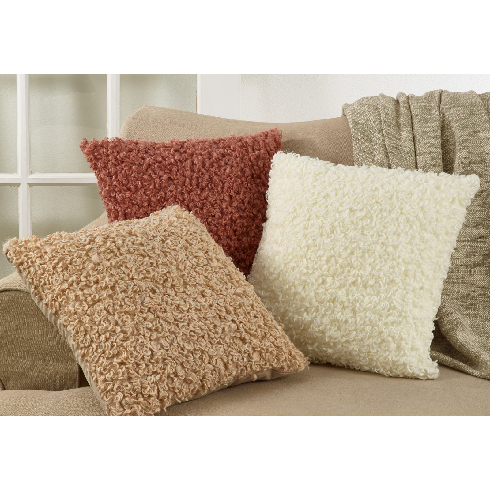 Heijo Faux Fur Throw Pillow, Polyester/Polyfill, Ivory