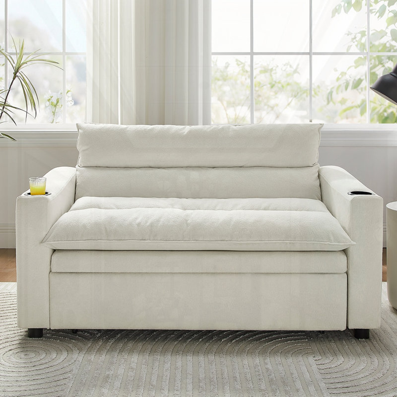 3-in-1 Multi-Functional Velvet Sleeper Couch Pull-Out Bed, Beige