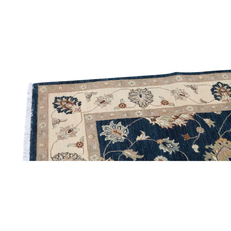 Tapis bleu marine / ivoire / beige en laine noué à la main de conception unique 6 pi x 9 pi 3 po