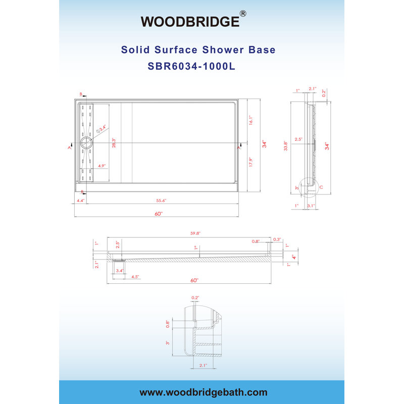 60" W x 34" D Solid Surface Single Threshold Shower Pan Base with Drain Assembly & Drain Cover Included, Non-Slip, Left