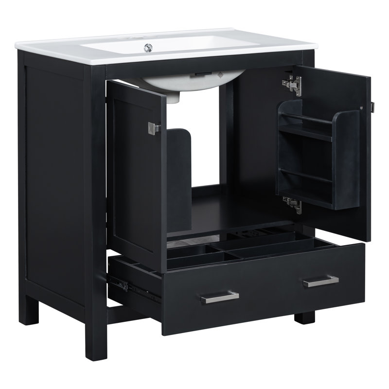Armoire de rangement multifonctionnelle 30 po avec évier en céramique, Noir
