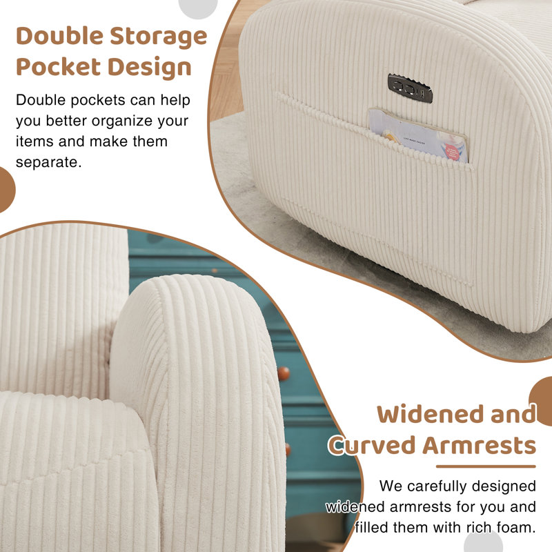 Delba 37"W Power Swivel Rocker Glider Nursery Recliner with USB & Type-C Port,Round Armrest and Double Pockets