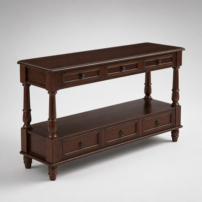 2-Tier Solid Wood Console Table with 6 Spacious Drawers and Open Display Shelf, Sturdy Entryway Foyer Couch Side Table with High Weight Capacity, Multi-Functional Storage Furniture
