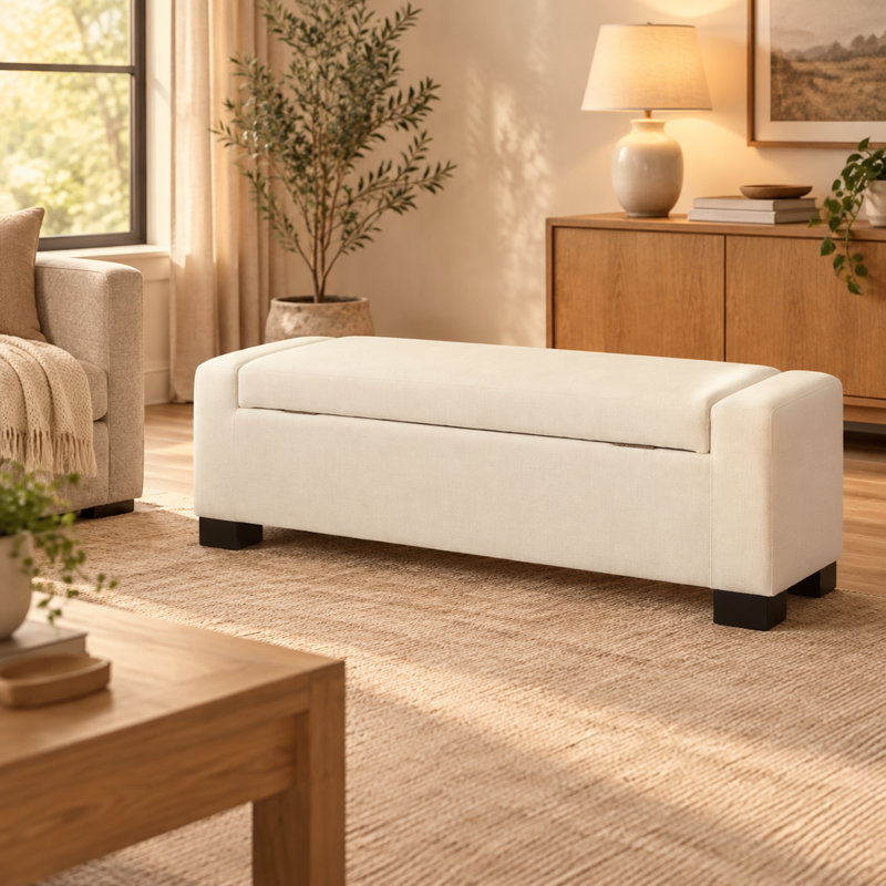 Banc de rangement rectangulaire avec repose-pieds, tissu blanc 50 pouces avec couvercle à charnières