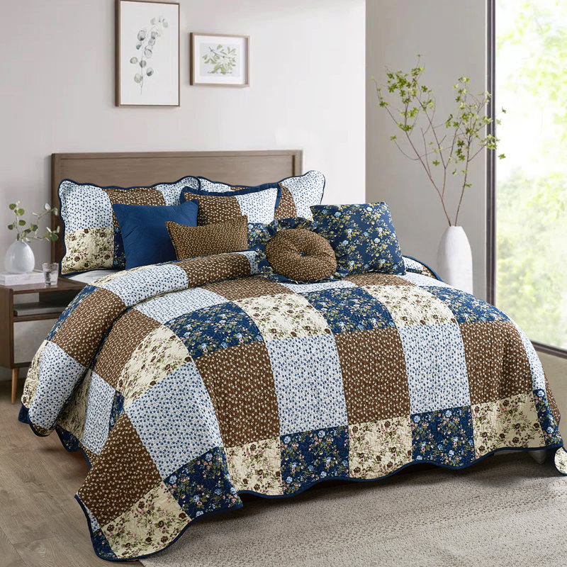 8 Piece Patchwork Bedspread Set, Dark Blue, King Quilt + 4 Shams + 3 Throw Pillows