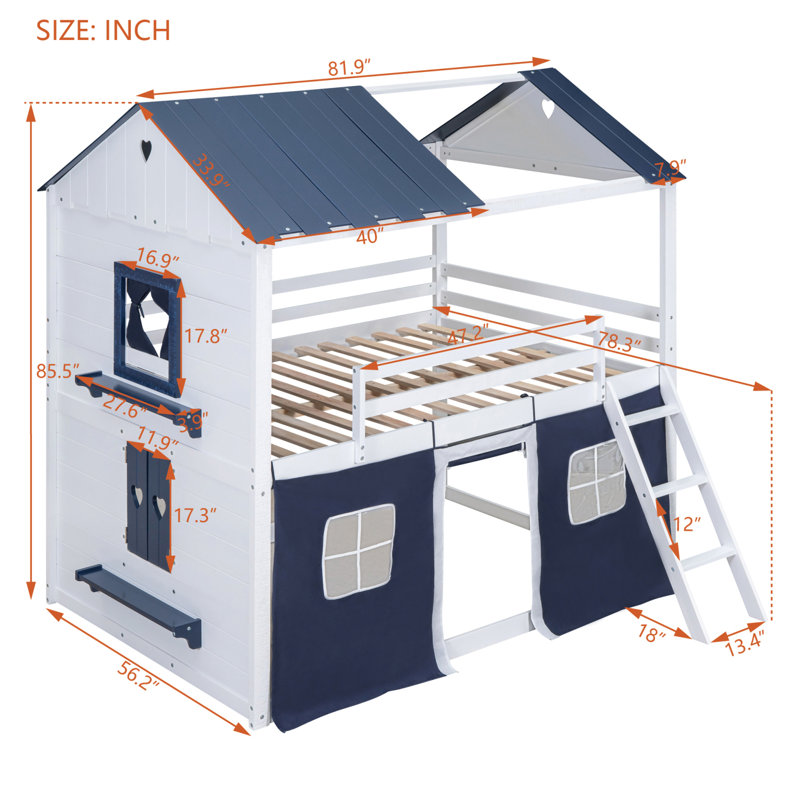Low House Style Bunk Bed With Roof, Full Over Full, White/Blue
