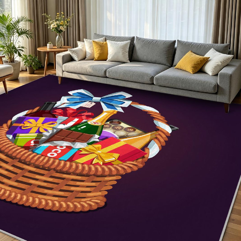 Tapis d'intérieur transparent lavable à la machine, panier-cadeau en osier rempli de cadeaux, Rectangle 71" x 98"