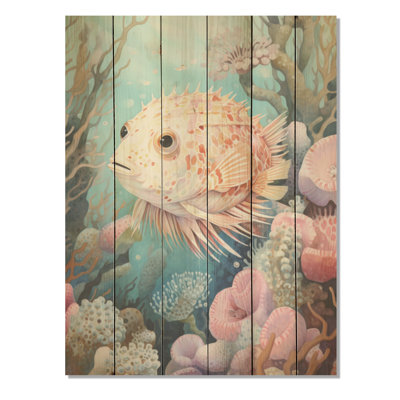«Pufferfish Guardian of the Coral», art mural bois de corail sous l'eau sur pin naturel