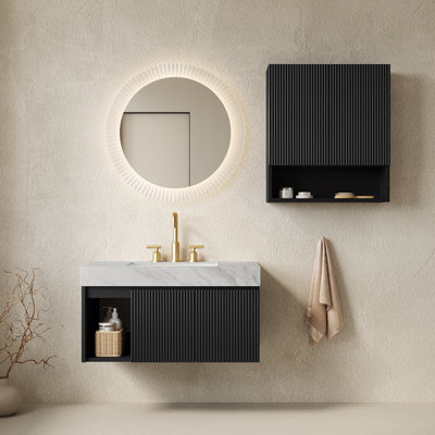 Ensemble meuble-lavabo suspendu EIDEN 36 + TOBI 26, avec rangement mural, comptoir en pierre frittée gris Carrara veiné, lavabo en céramique, 3 trous pré-percés pour robinetterie, robinetterie et bonde non inclus, coloris noir