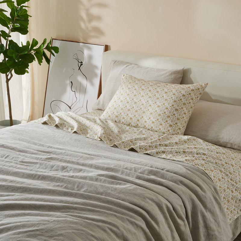 100% Cotton Vintage Floral Printed Flannel Sheet Set, Geo Floral - Mustard, Full Sheet Set + 1 Fitted Sheet + 2 Pillowcases