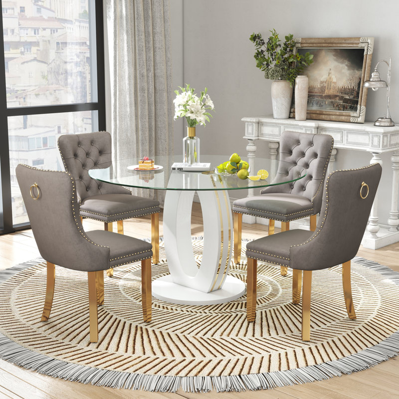 Ensemble de table de salle à manger haute brillance ronde avec 4 chaises de salle à manger en velours, Gris, Blanc