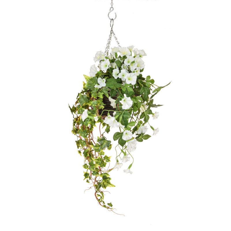 Faux Flowering Plant in Wood Basket, White, 70cm H x 40cm W x 40cm D