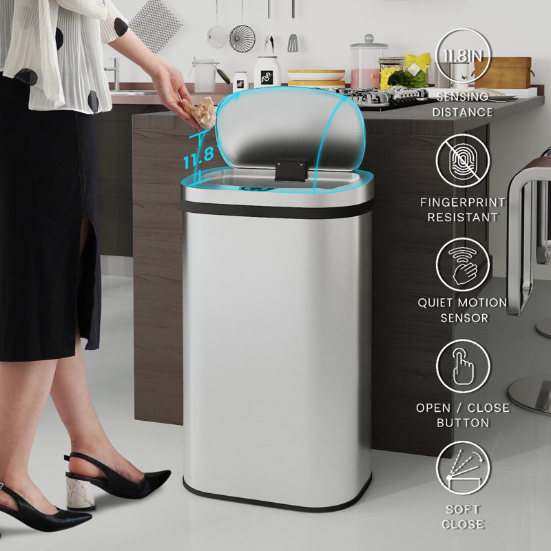 Silver Stainless Steel Touchless Motion Sensor Trash Can, 15.85 Gallon