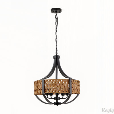 19.7" 5-Light Rattan Chandelier with Natural Woven Shade and Adjustable Chain