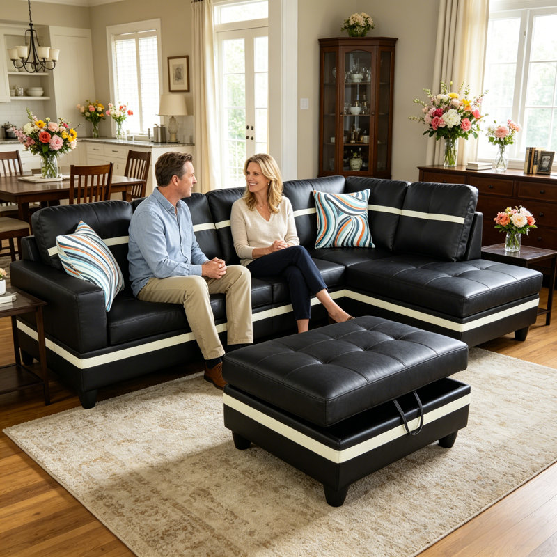 Rilan 103.5'' Faux Leather Sofa & Chaise, Left Hand Facing, Black Faux Leather