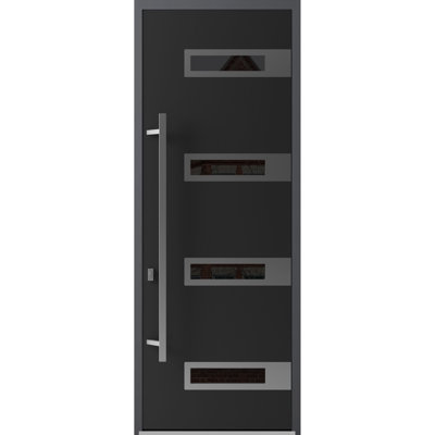 Front Exterior Prehung Steel Door / Ronex 0131 Black Enamel / Stainless Inserts Entry Metal Modern Painted W36" x H96" Right hand Inswing