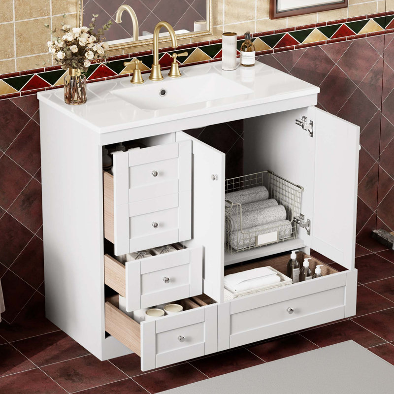 Meuble-lavabo autoportant de style Shaker avec lavabo en céramique et rangement à fermeture en douceur