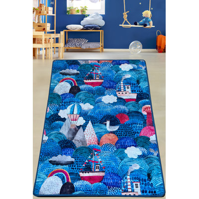 Antibacterial Blue Area Rug, 5.0 x 7.9 Feet | 100% Polyester, 0.4 in Pile Height | Non-Slip Underside, Machine Washable at 86°F | Durable & Stylish for Living Room, Bedroom, or Office Décor