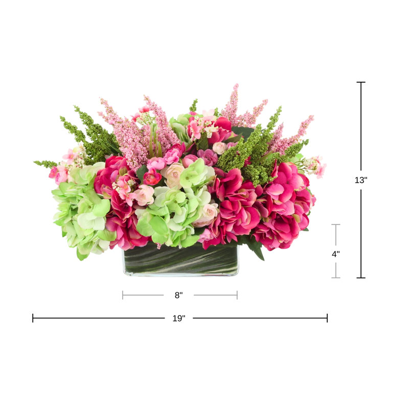 Hydrangea, Heather and Ranunculus Arranged in Rectangular Vase