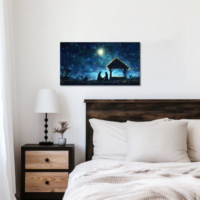 Nativity Scene Wall Art - O Holy Night Canvas Wall Art, Christmas Nativity Pictures Wall Decor for Living Room, Nativity Painting, Wrapped Canvas Print Pine Frame, 12×24 inches