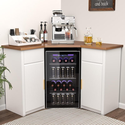 Corner Bar Cabinet with Fridge Space, Corner Coffee Bar Station with Storage, L Shaped Liquor Wine Cabinet for Home, White