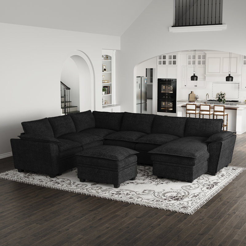 Canapé-lit modulaire en U en chenille Luna, Chenille noir