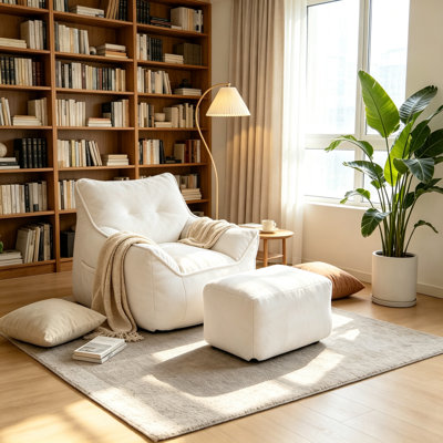 Pouf blanc en fausse fourrure douce capitonnée, canapé relax en mousse haute résilience pour adultes, salon ou chambre à coucher