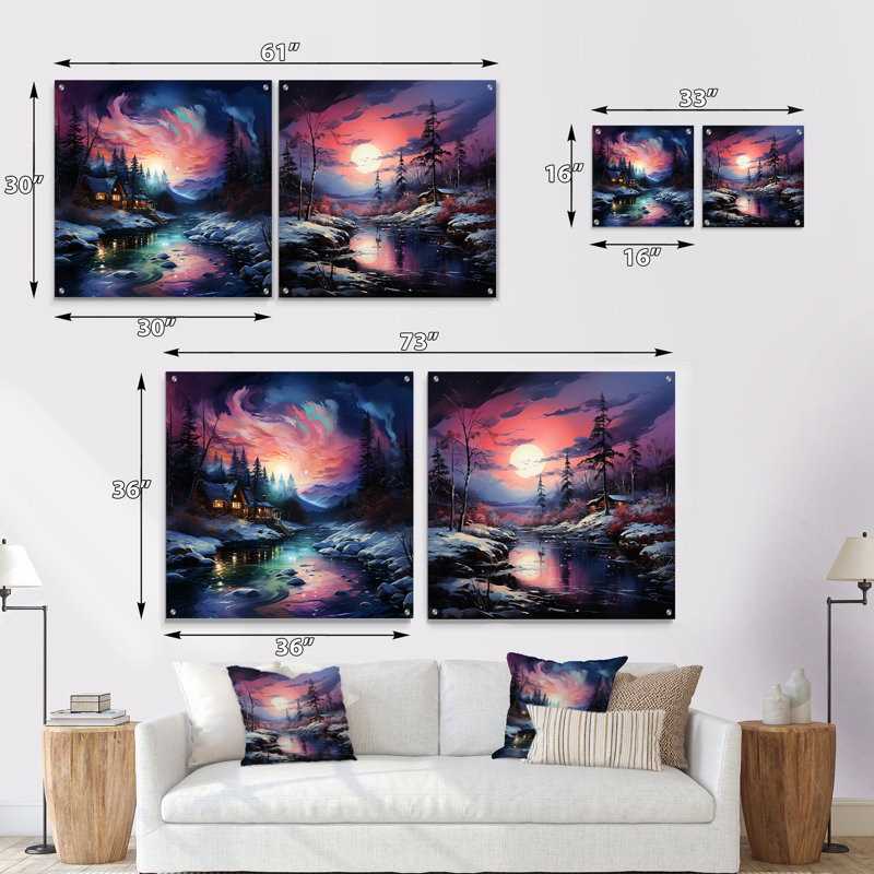 Aurora Borealis Winter Scenery - ensemble de 2 peintures murales en acrylique Aurora Borealis, H 16 po x l 33 po