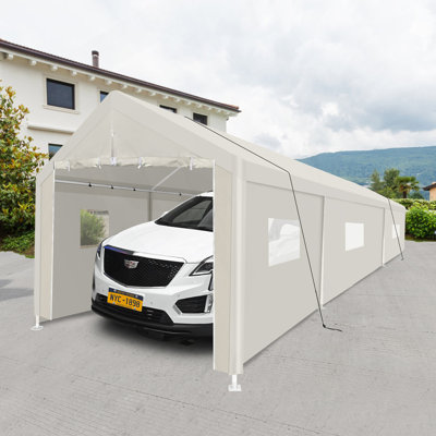 Abri d'auto, tente de garage portative 10 x 30 pour abri de rangement extérieur blanc avec fenêtre