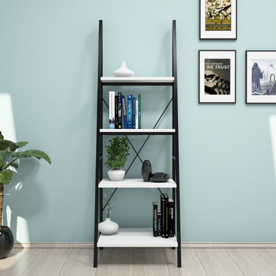 Bibliothèque moderne avec cadre en métal, blanc et noir, 19,7 po x 59,1 po x 17,3 po | 100% panneau de particules enduit de mélamine, épaisseur: 0,7 pouce | Nombreuses tablettes, solution de rangement murale et élégante pour la maison ou le bureau