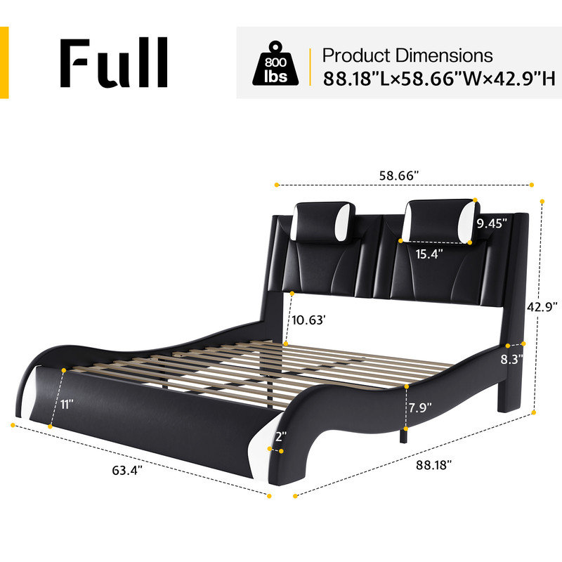 Full Black Faux Leather Platform Bed with LED Lighted Headboard