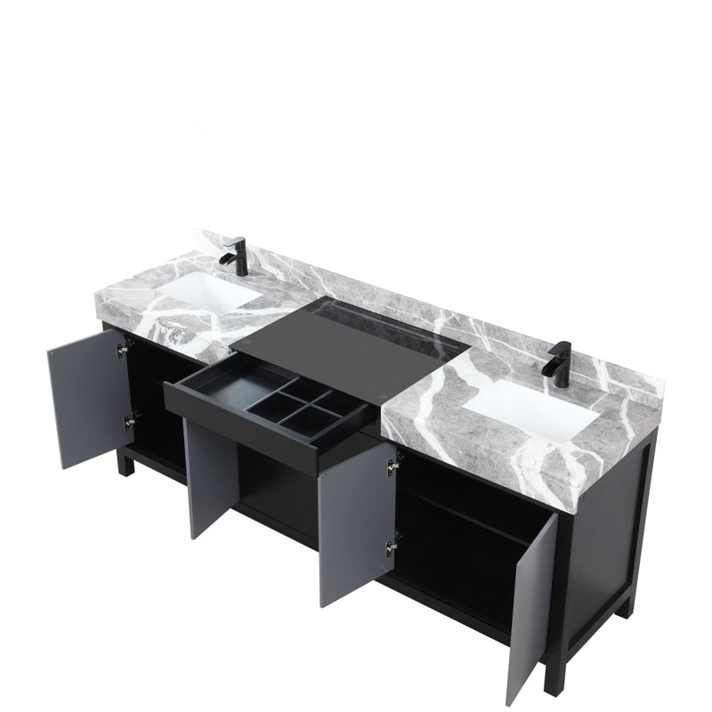 Ensemble de meuble-lavabo double noir et gris l 84 po x P 22 po, comptoir en marbre gris château et robinet noir mat, 84" W