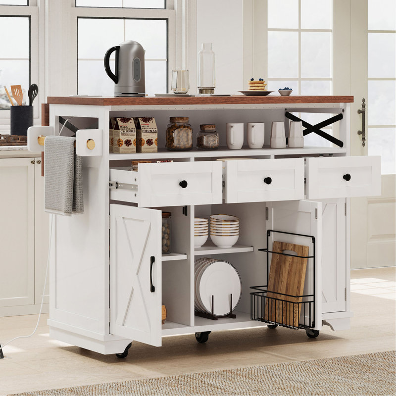 Farmhouse Kitchen Island With Drape Of Beads – Rolling Kitchen Cart On Wheels, 3 Doors & 3 Drawers, Drop Leaf & Power Outlet