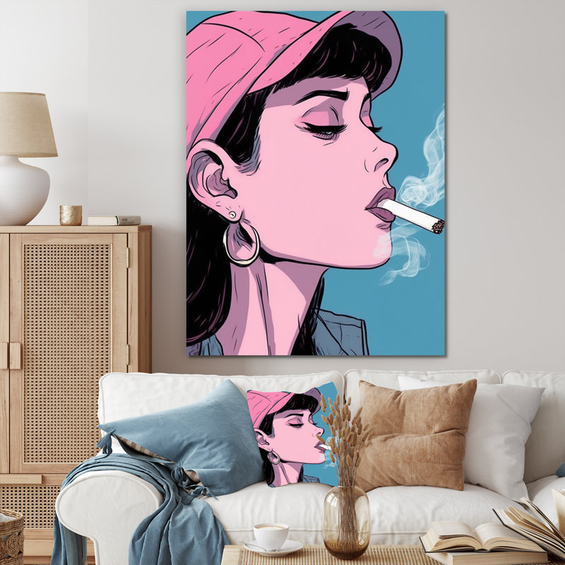 «Pink Popart Woman fumant sur toile», H 44 po x l 34 po x P 1,5 po, Toile tendue