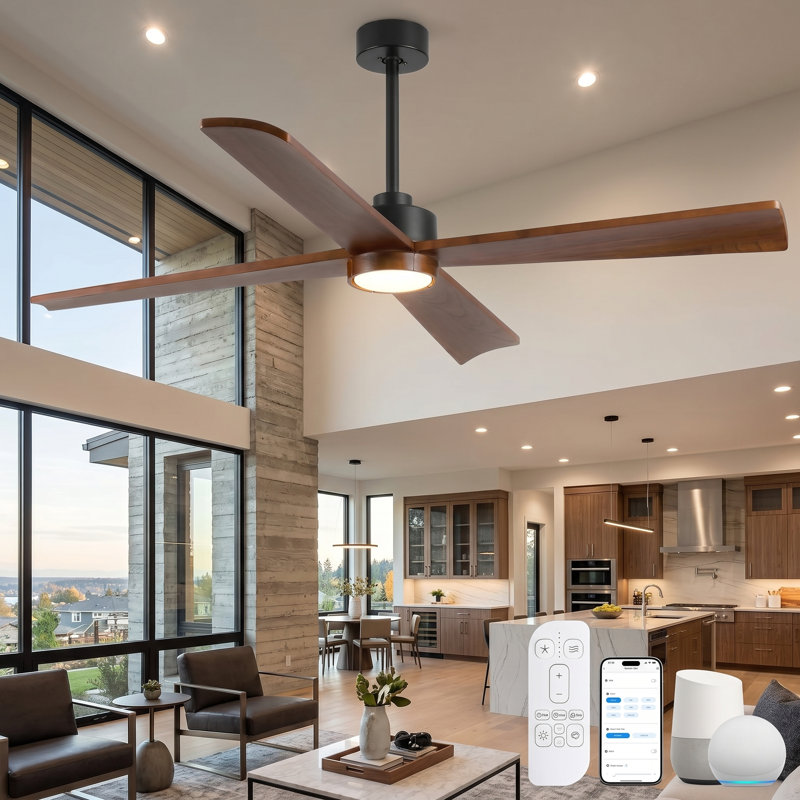 52/60-inch Smart Ceiling Fan With Light And Remote, Compatible With Alexa/google/app, 4 Wood Blades High Cfm Dimmable Led Noiseless Reversible Dc Fans For Bedroom