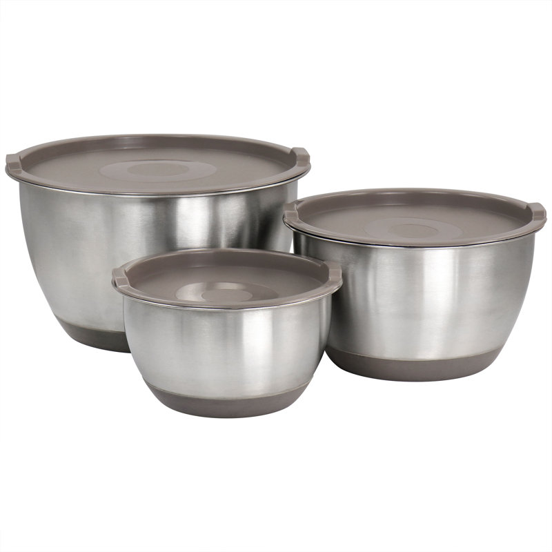 Martha Stewart 3 Piece Stainless Steel Mixing Bowl Set With Lids In Taupe
