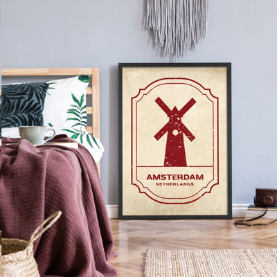 Z Studio Vintage Amsterdam Travel Poster, Netherlands Amsterdam Postage Stamp Wall art, Vintage Stamp Collection Print for Living Room, Travel Decor Art for Office 12x16 inch, BLACK FRAMED