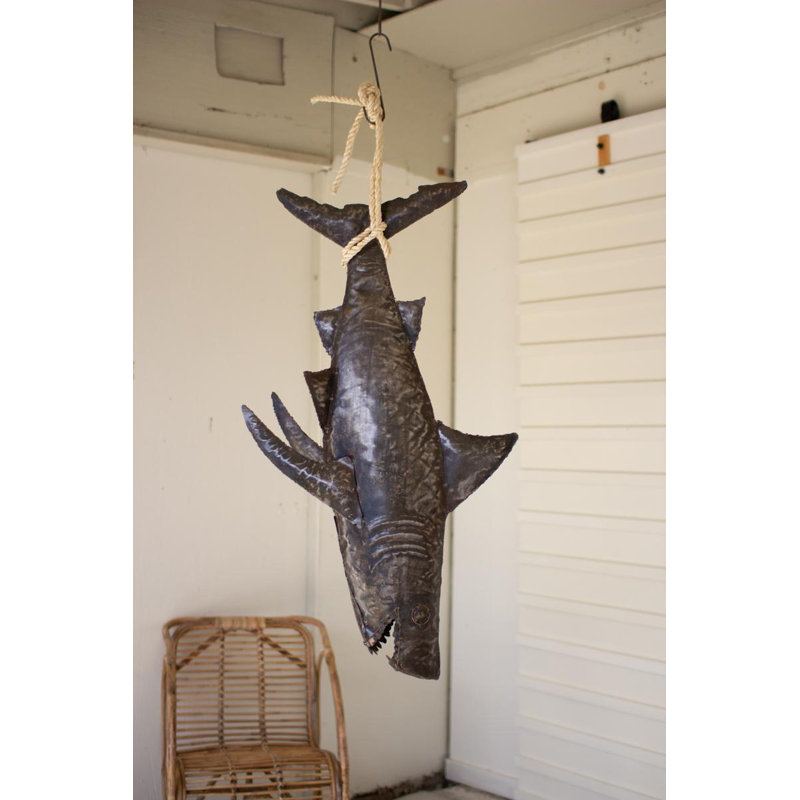  Metal 3D Shark with Sisal Rope, 45" Long, Recycled Hand-Hammered Brown Distressed Finish
