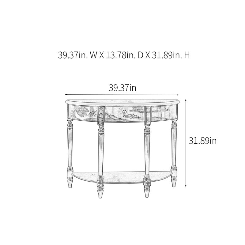 Half Circle Hand Drawn Console Table, 31.89" H x 39.37" W x 13.78" D