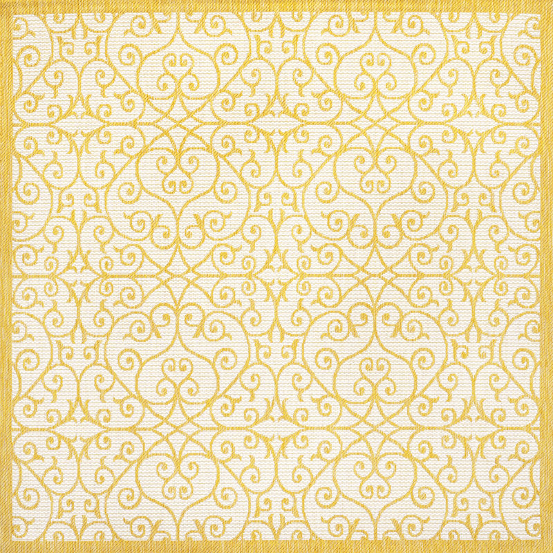Tapis intérieur / extérieur crème / jaune Deilani, Carré 5 pi 3 po